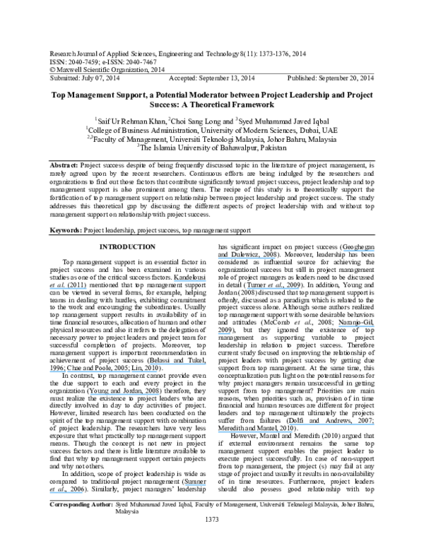 (PDF) Top Management Support, a Potential Moderator between Project ...