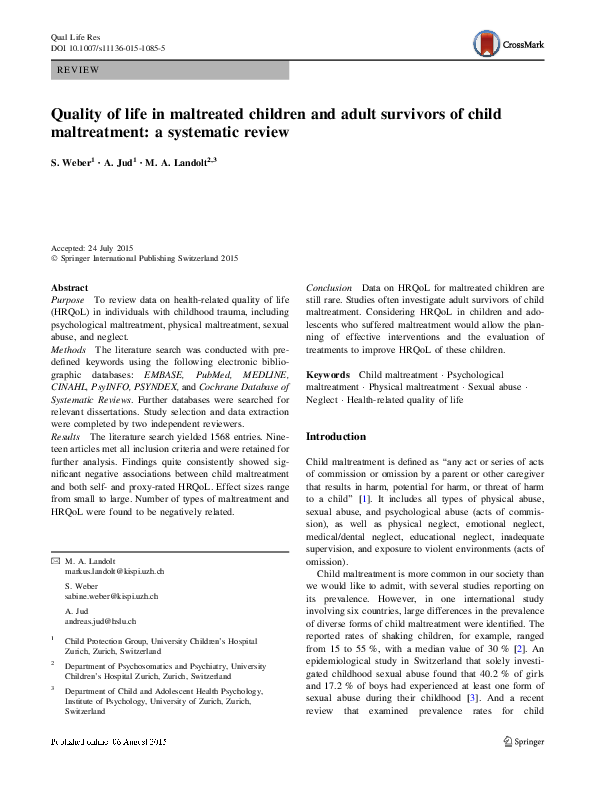 (PDF) Quality of life in maltreated children and adult survivors of ...