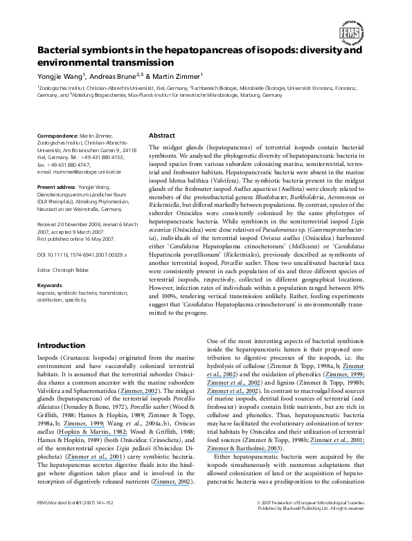 (PDF) Bacterial symbionts in the hepatopancreas of isopods: diversity ...