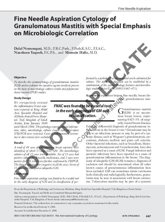 (PDF) Fine Needle Aspiration Cytology of Granulomatous Mastitis Dalal