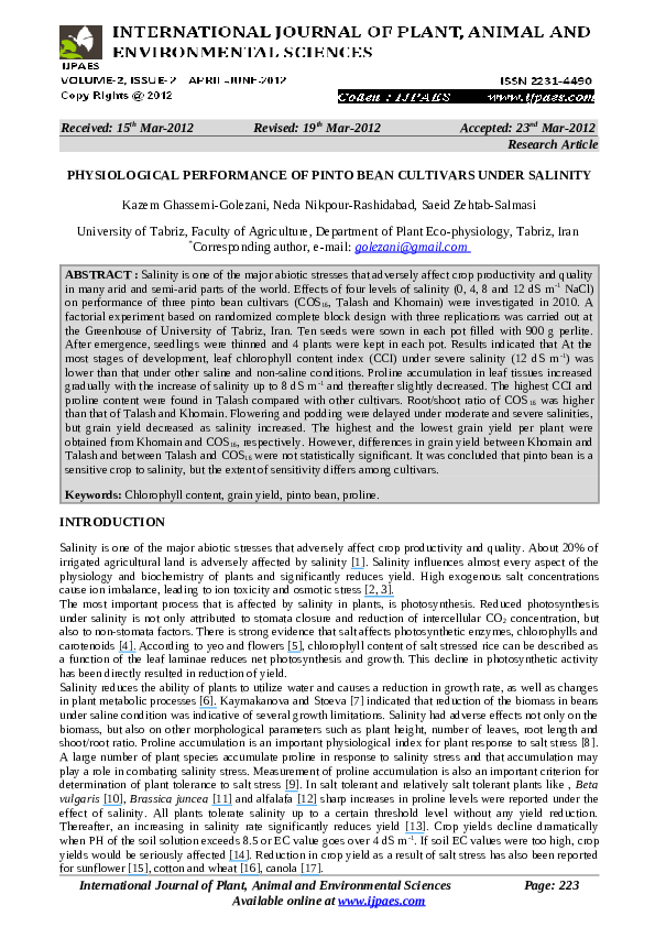 (PDF) Physiological Performance of Pinto Bean Cultivars Under Salinity