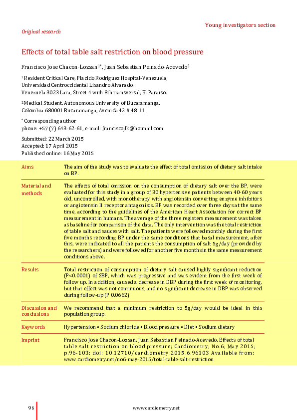 (PDF) Effects of total table salt restriction on blood pressure