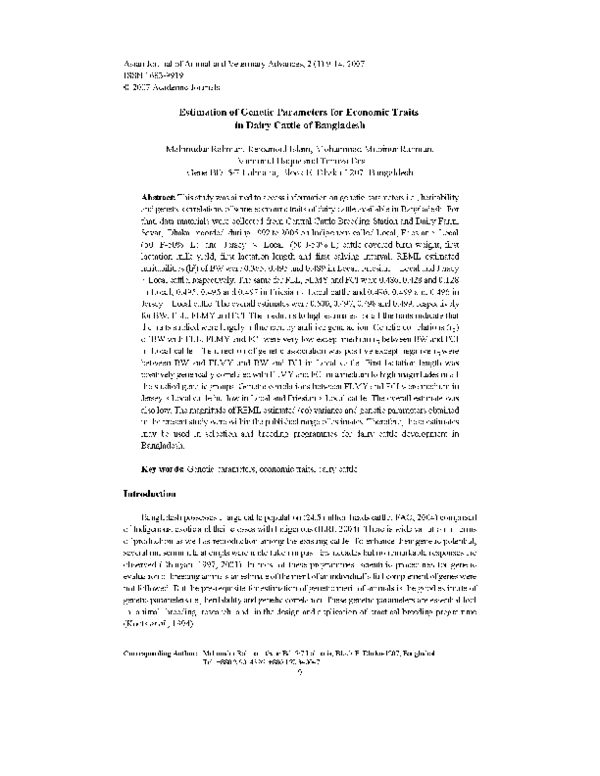 (PDF) Estimation of Genetic Parameters for Economic Traits in Dairy ...