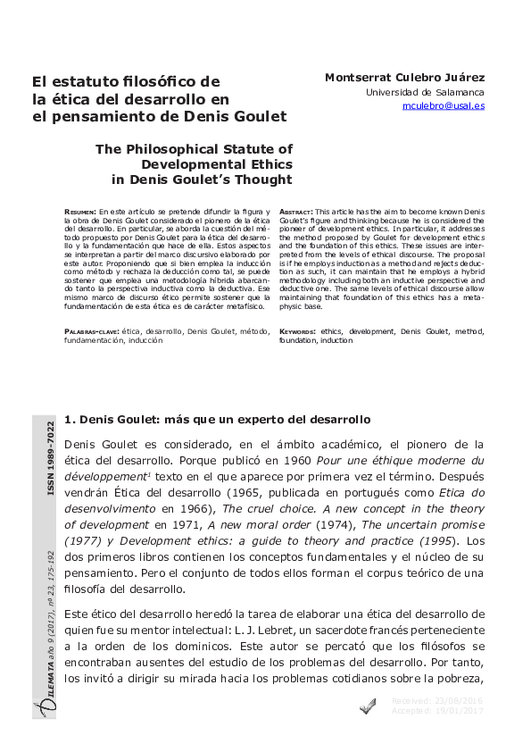 (PDF) El estatuto filosófico de la ética del desarrollo en el