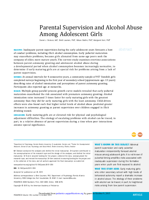 (PDF) Parental Supervision and Alcohol Abuse Among Adolescent Girls