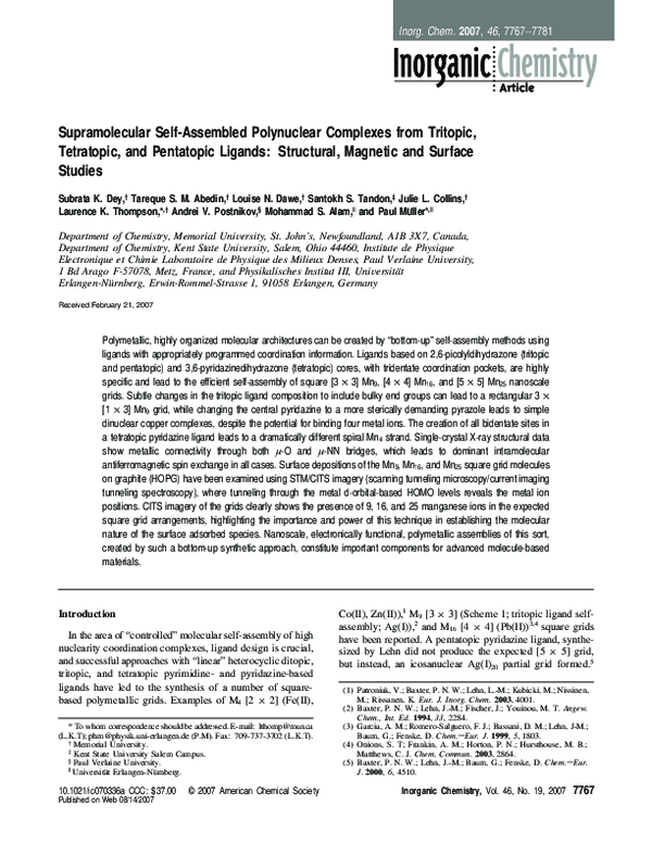 (PDF) Supramolecular Self-Assembled Polynuclear Complexes from Tritopic ...