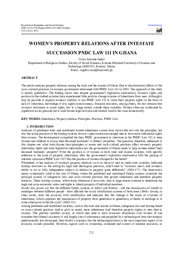 (PDF) Women’s Property Relations After Intestate Succession PNDC Law