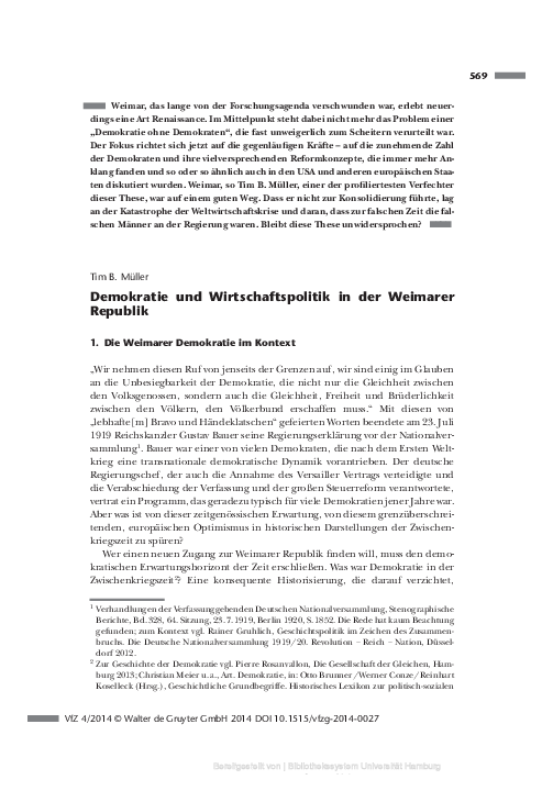 Pdf Demokratie Und Wirtschaftspolitik In Der Weimarer Republik