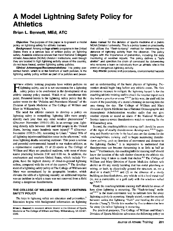 (PDF) A Model Lightning Safety Policy for Athletics Brian