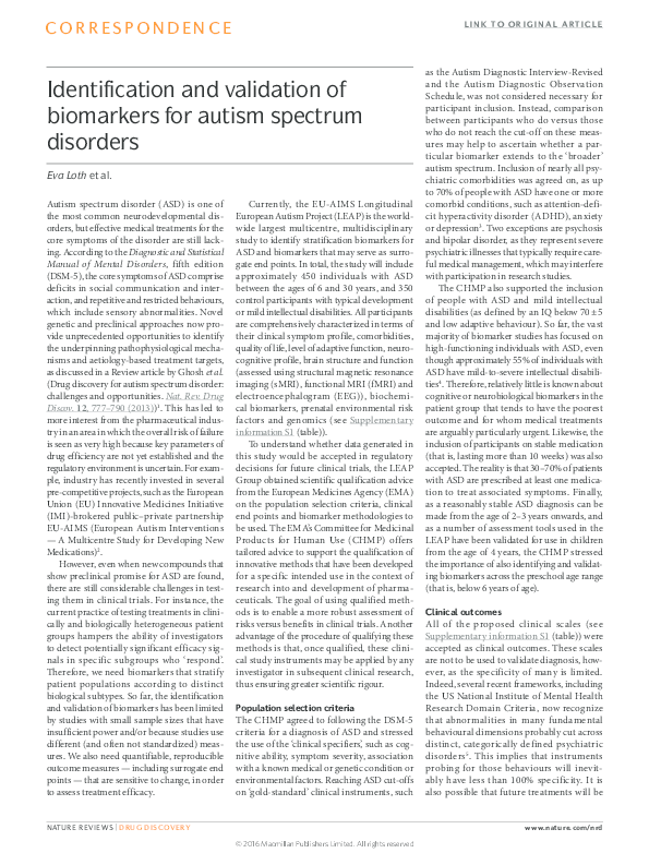 (PDF) Identification and validation of biomarkers for autism spectrum ...