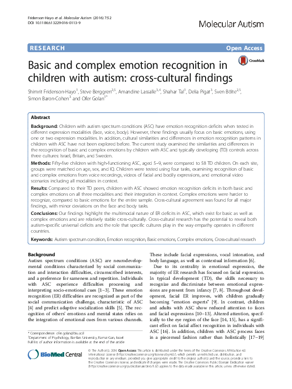 (PDF) Basic and complex emotion recognition in children with autism ...