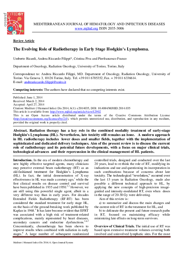(PDF) The Evolving Role of Radiotherapy in Early Stage Hodgkin’s Lymphoma