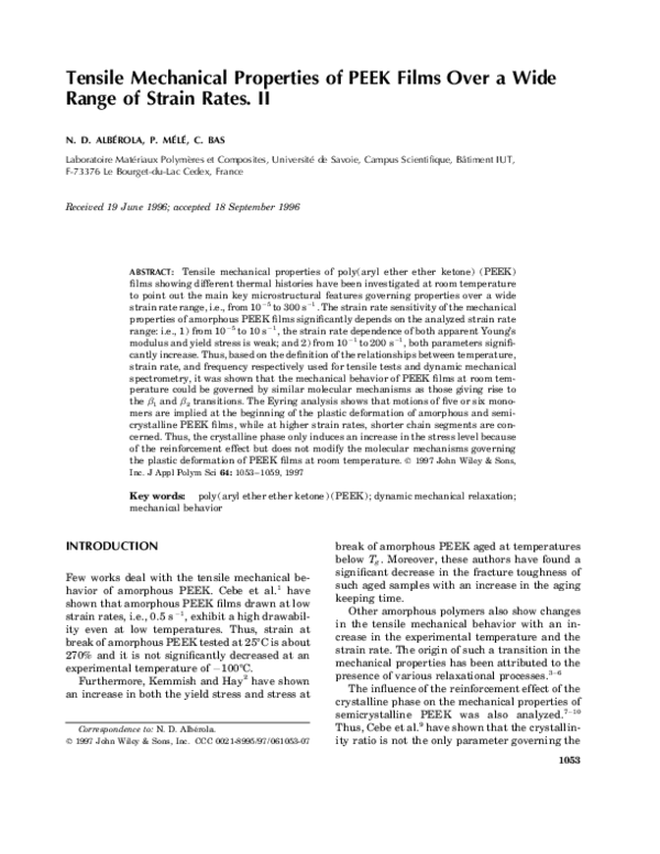 (PDF) Part II: Tensile Mechanical Properties of PEEK films over a wide ...