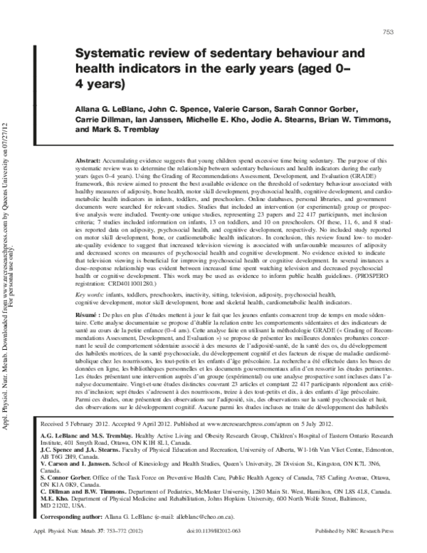 (PDF) Systematic review of sedentary behaviour and health indicators in ...