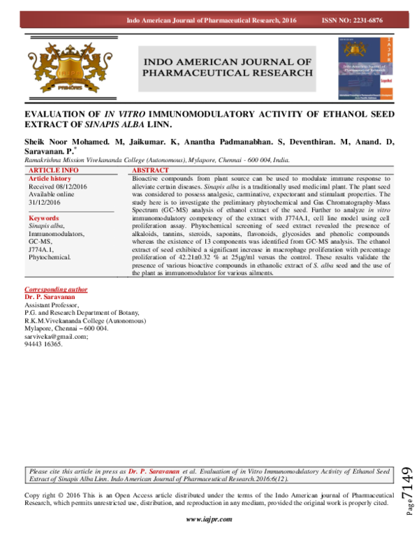 EVALUATION OF IN VITRO IMMUNOMODULATORY ACTIVITY OF ETHANOL SEED ...