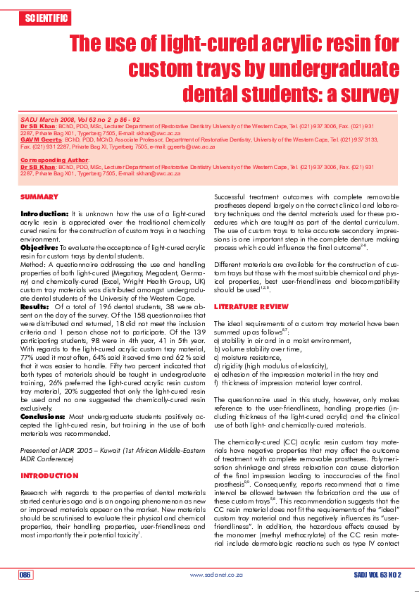 (PDF) The use of lightcured acrylic resin for custom trays by