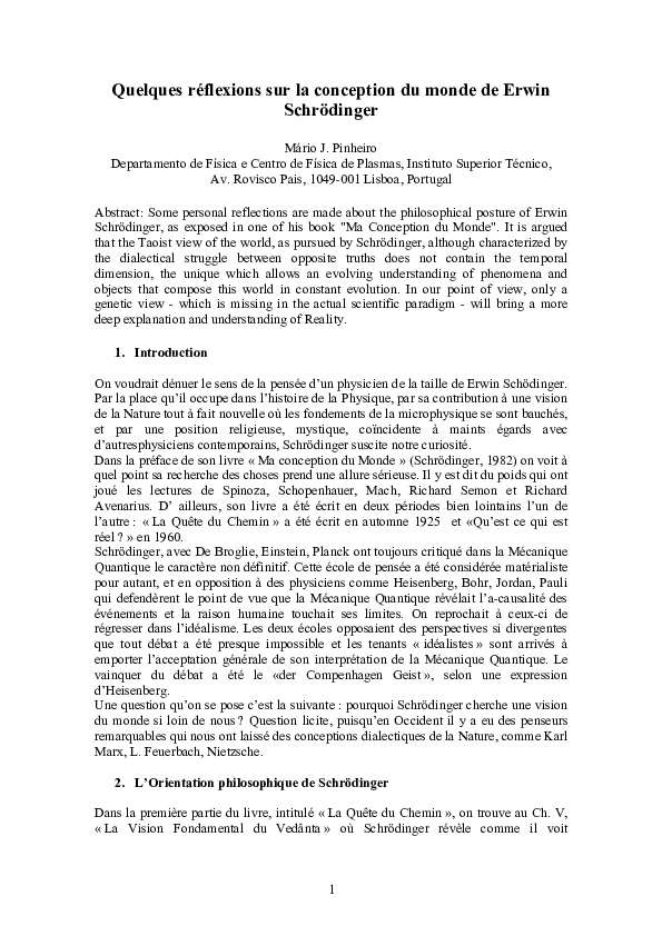 (PDF) Quelques reflexions sur la conception du monde de Erwin