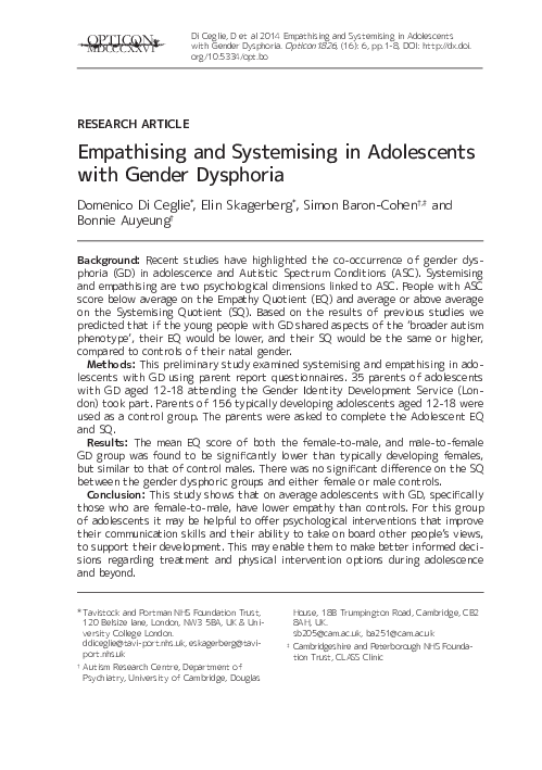 (PDF) Empathising and Systemising in Adolescents with Gender Dysphoria