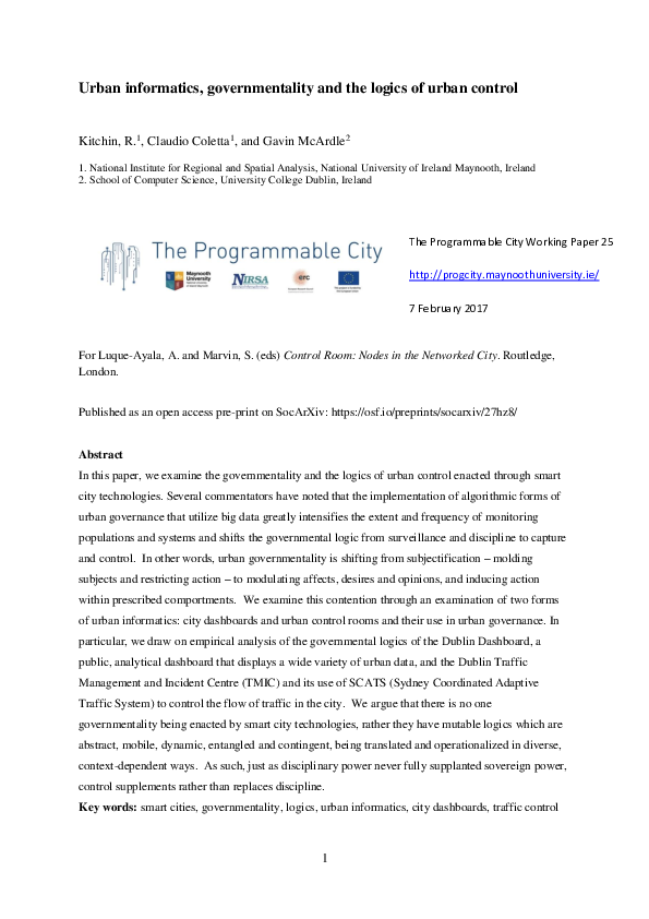 (PDF) Urban informatics, governmentality and the logics of urban control