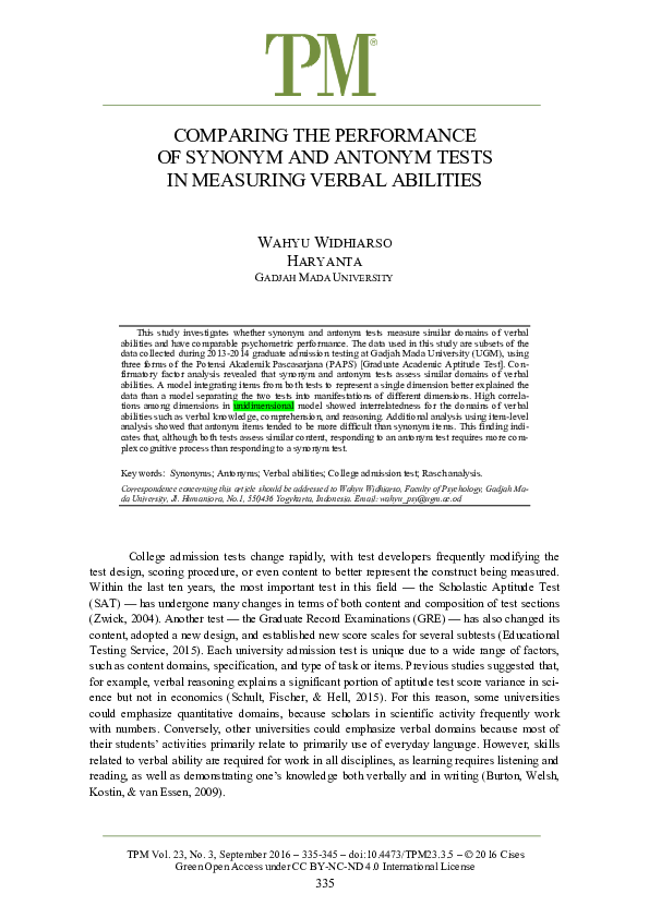 (PDF) Comparing the performance of synonym and antonym tests in ...