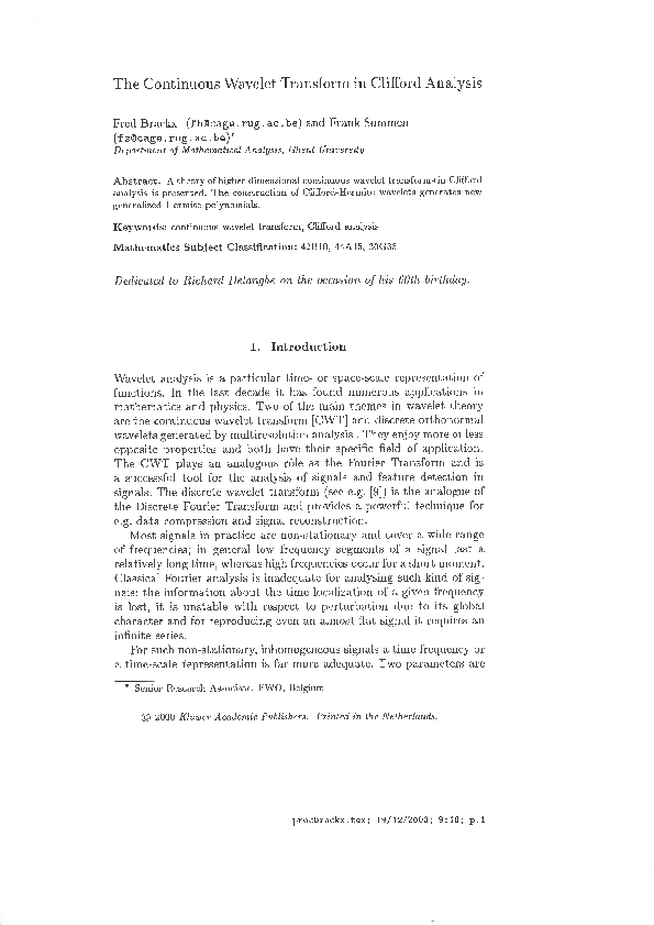 (PDF) The Continuous Wavelet Transform in Clifford Analysis
