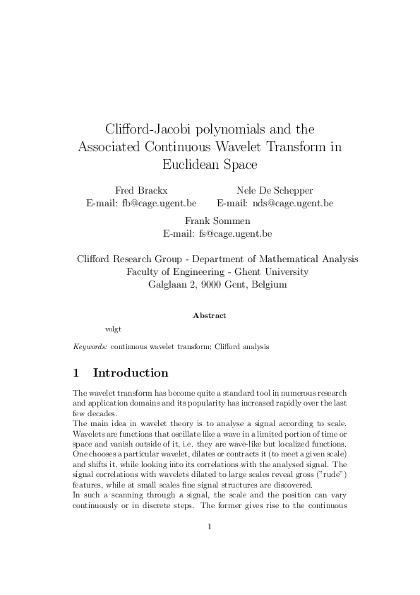 (PDF) Clifford-Jacobi Polynomials and the Associated Continuous Wavelet ...