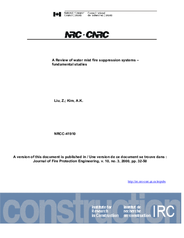 Pdf A Review Of Water Mist Fire Suppression Systems Fundamental Studies Zhigang Liu Academia Edu