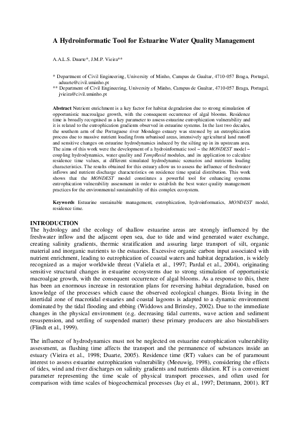 (PDF) A hydroinformatic tool for estuarine water quality management A.a.l.s. Duarte Academia.edu