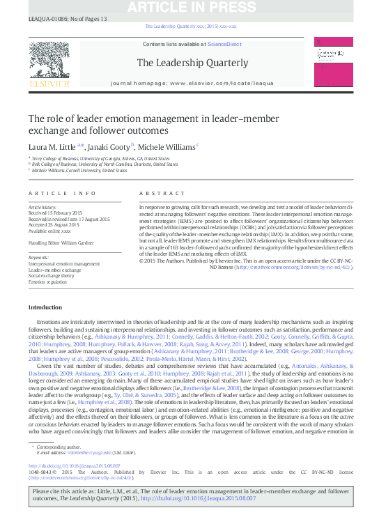 (PDF) The role of leader emotion management in leader–member exchange ...