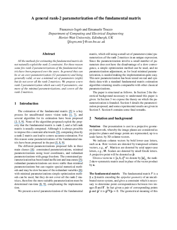 (PDF) A general rank-2 parameterization of the fundamental matrix