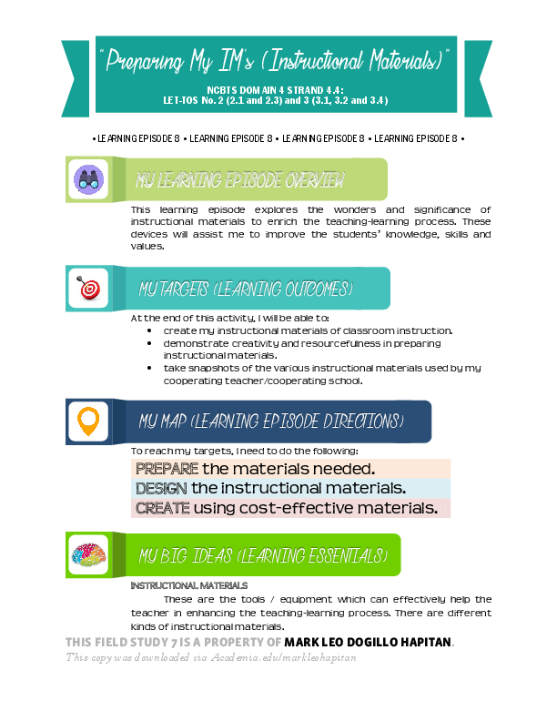 (PDF) Episode 8 Preparing My IM’s (Instructional Materials) Field