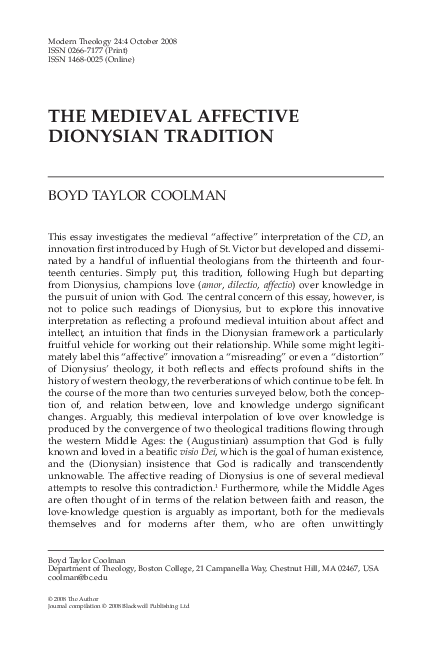 THE MEDIEVAL AFFECTIVE DIONYSIAN TRADITION