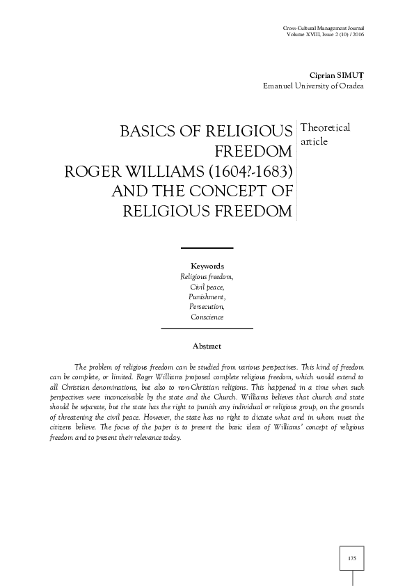 (PDF) Basics of religious freedom Roger Williams and the concept of