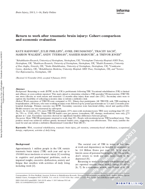 (PDF) Return to work after traumatic brain injury: Cohort comparison ...