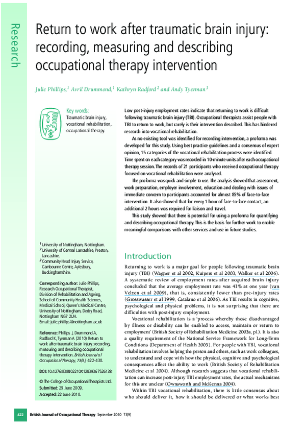 (PDF) Return to work after traumatic brain injury: recording, measuring ...
