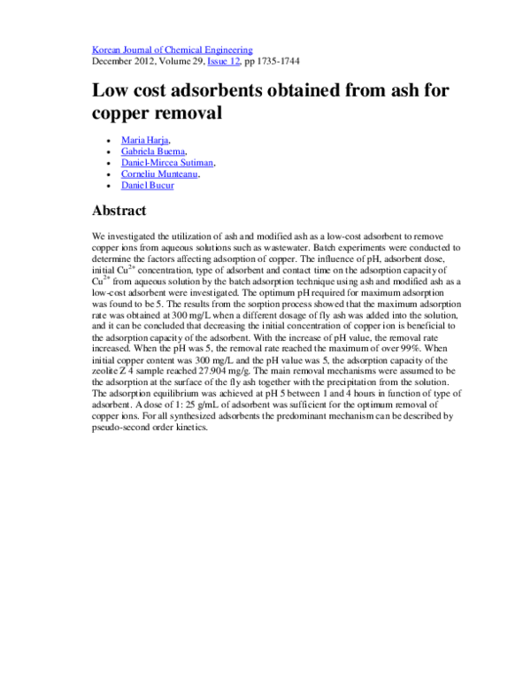 (PDF) Low cost adsorbents obtained from ash for copper removal