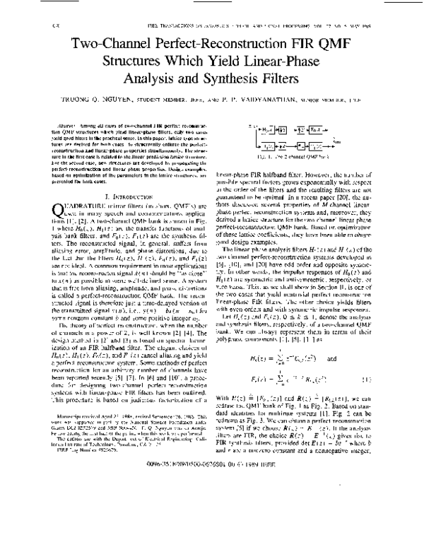 (PDF) Two-channel perfect-reconstruction FIR QMF structures which yield ...