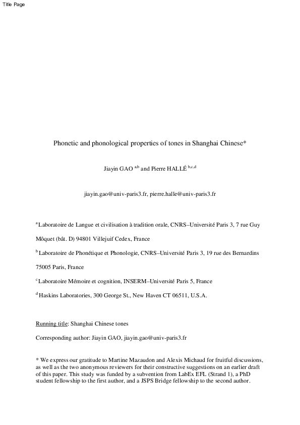 (PDF) Phonetic and phonological properties of tones in Shanghai Chinese