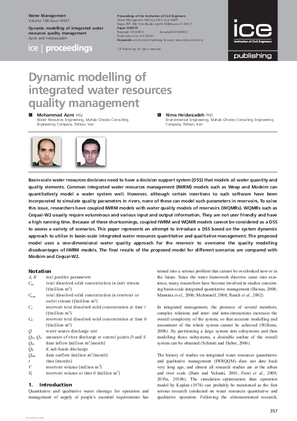 (PDF) Dynamic modelling of integrated water resources quality management
