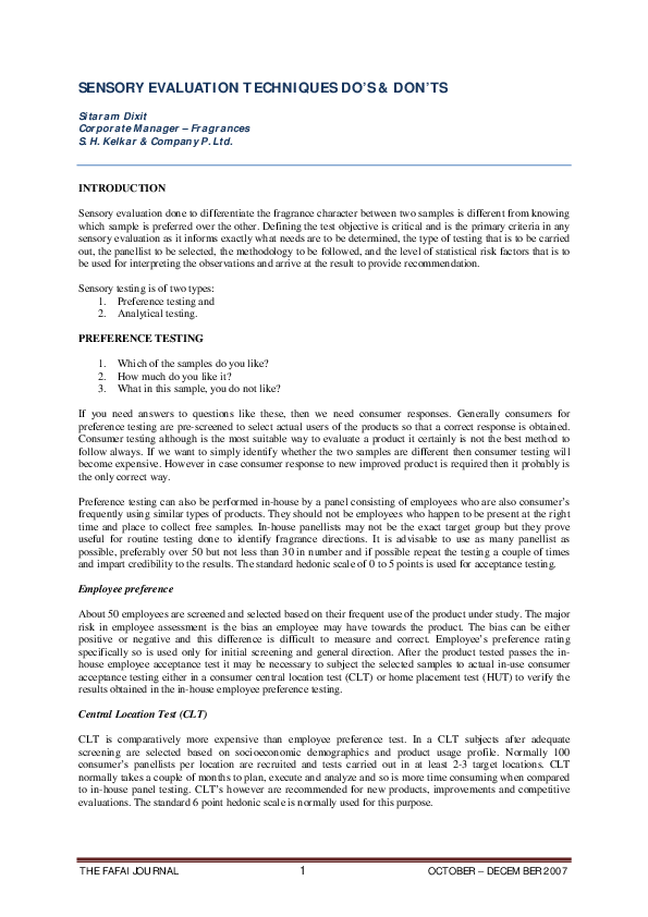 (PDF) Sensory evaluation techniques dos and donts Sitaram Dixit