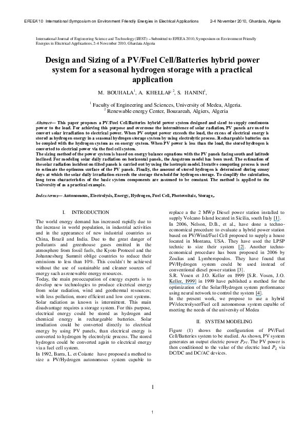 (PDF) Design and Sizing of a PV/Fuel Cell/Batteries hybrid power system ...