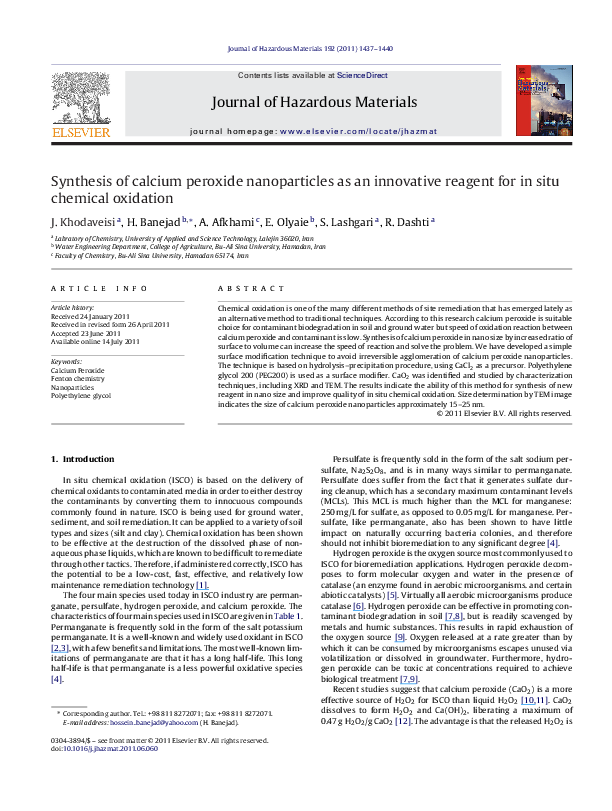 Pdf Synthesis Of Calcium Peroxide Nanoparticles As An Innovative Reagent For In Situ Chemical Oxidation Abbas Afkhami And Hossein Banejad Academia Edu