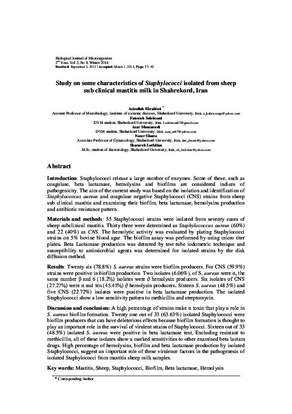 (PDF) Clinical and Subclinical Staphylococcus Auerus in Dairy Buffaloes