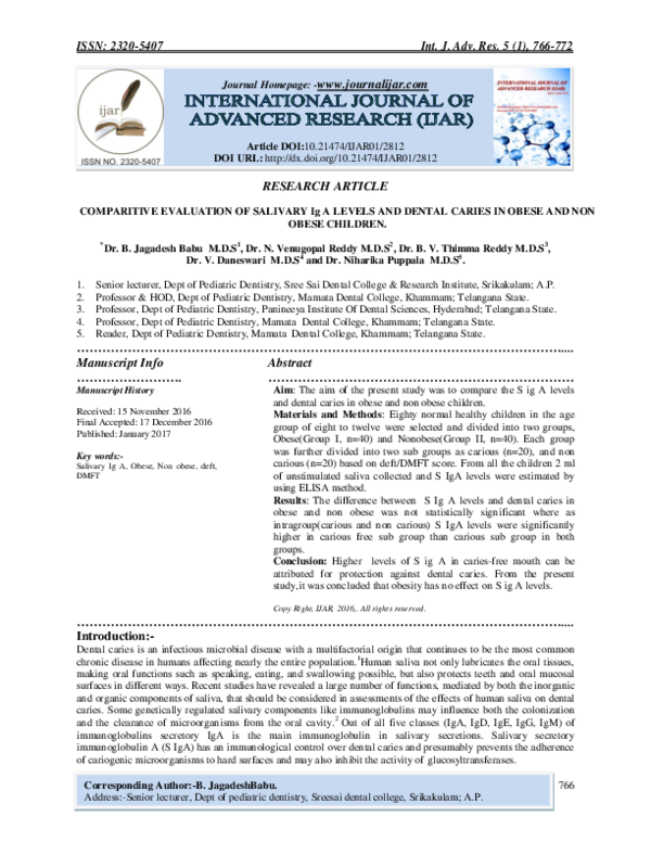 (PDF) COMPARITIVE EVALUATION OF SALIVARY Ig A LEVELS AND DENTAL CARIES ...