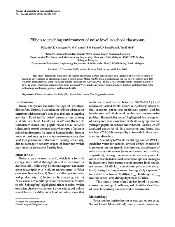 (PDF) Effects to teaching environment of noise level in school classrooms