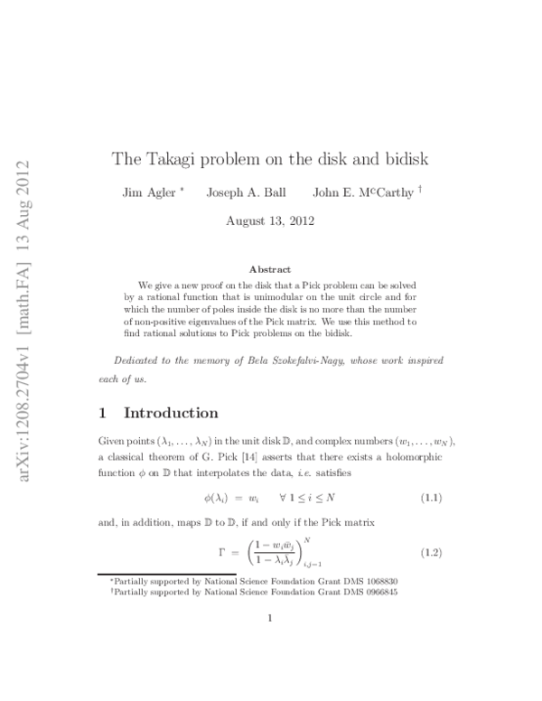 (PDF) The Takagi problem on the disk and bidisk