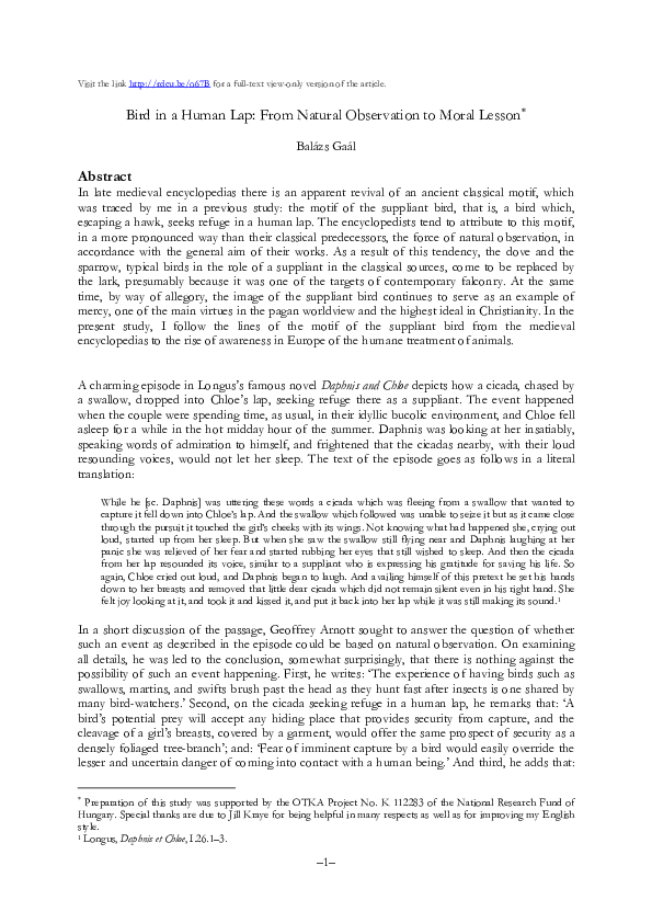 Bird in a Human Lap: From Natural Observation to Moral Lesson