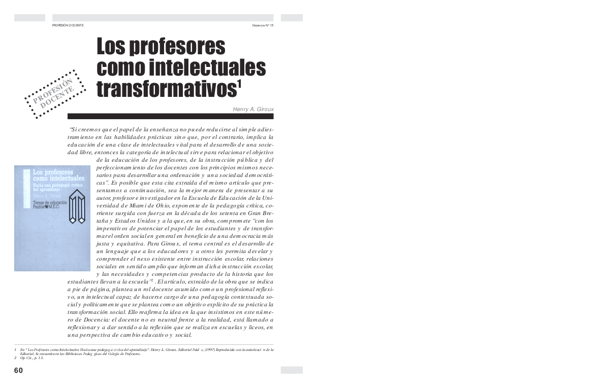 (PDF) GIROUX Henry Los profesores como intelectuales transformativos