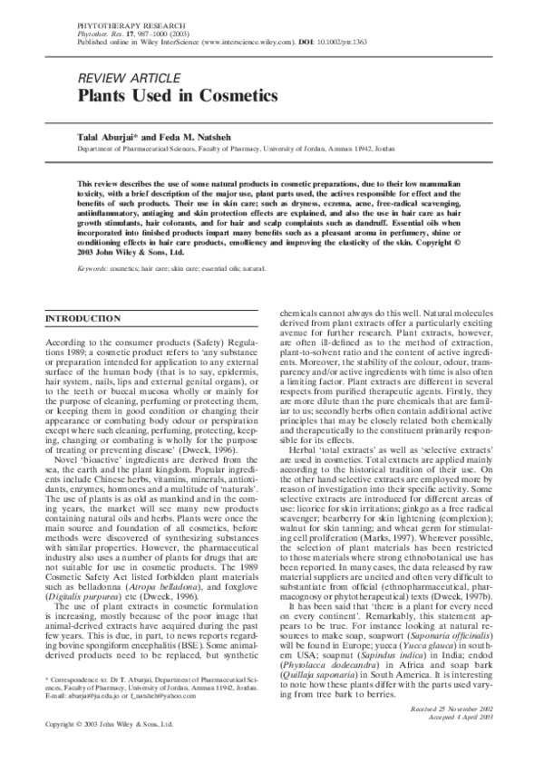 (PDF) PLANTS USED IN COSMETICS Plants Used in Cosmetics Pascale