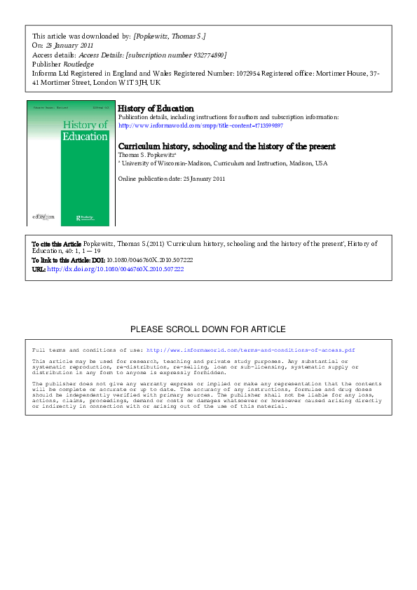 (PDF) Curriculum history, schooling and the history of the present